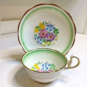 EUC Vtg 1930’s Royal Albert Bone China Teacup and Saucer in Green with Florals